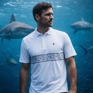 NWT Flomotion Toothy Polo Shirt M Gray Shark Tooth Chest Stripe Golf Performance